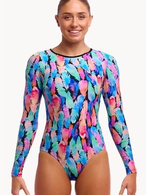 Funkita Tickle Torture Love Cover Sunsuit in Multi Feather Print US Size 36